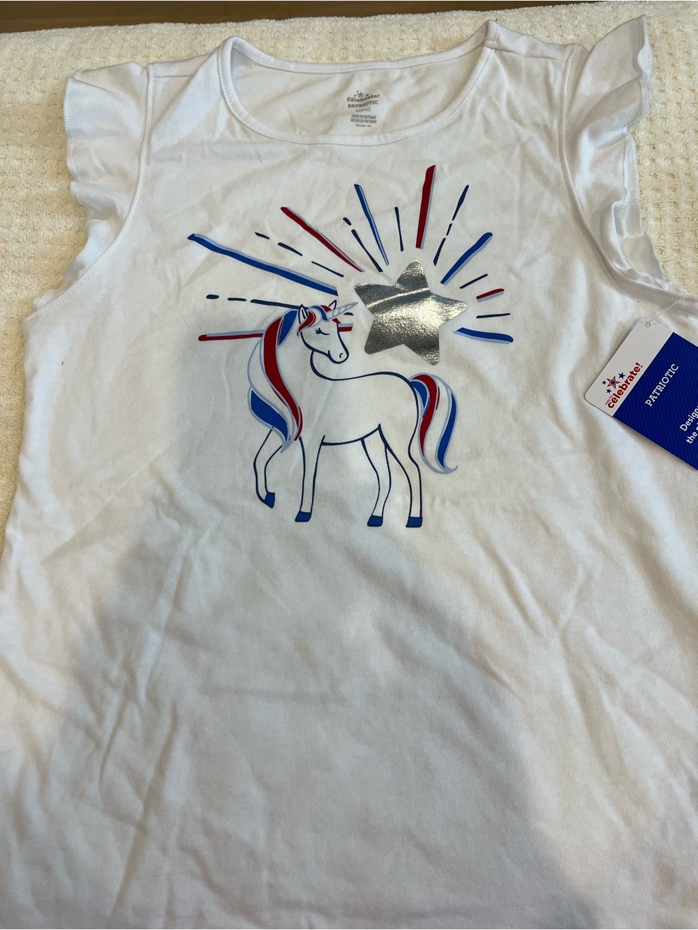 White Girls' Unicorn Tank Top with Red & Blue Accents